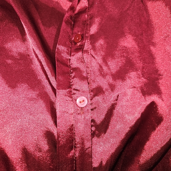 Lucca Wildfang Satin Shirt Button Up Long Sleeve Blouse Maroon Red Silky Small - Picture 13 of 16